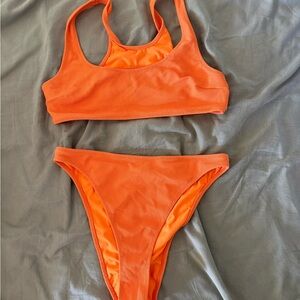 Solid and striped  Orange Textured Two-Piece Swim Set